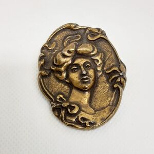 Vintage Brooch Antique Bronze Brass Finish Woman's Face 2" x 1.5"